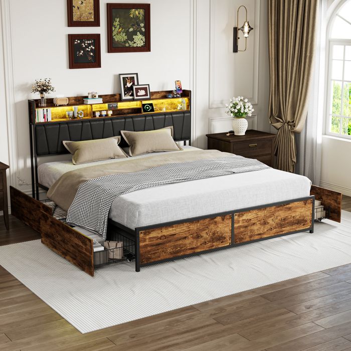 Cadre de Lit Double 180x200cm avec 4 tiroirs Lit Rembourré avec LED et USB Sommier à Lattes en Bois PU Noir + Marron