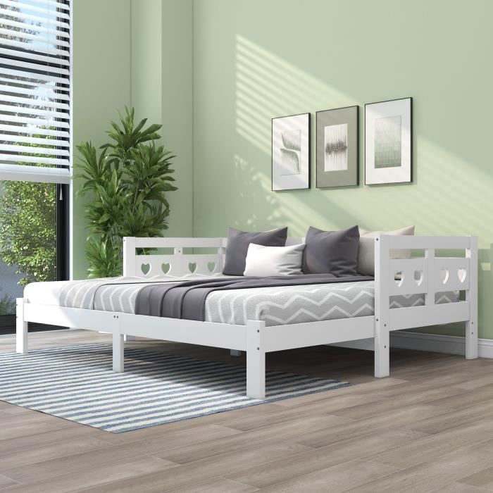 lit escamotable - 90*200 cm, avec lit en forme de cœur blanc et cadre robuste en bois de pin massif
