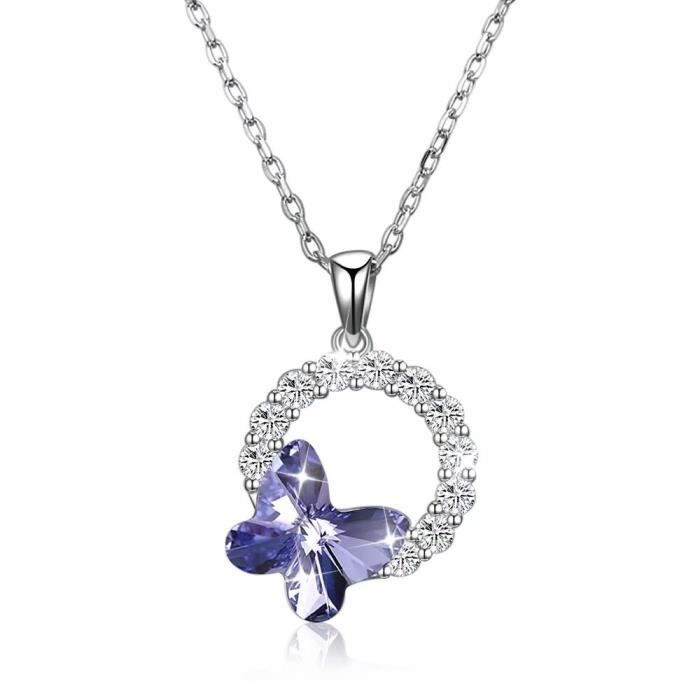 Collier En Argent Sterling 925 Avec Pendentif Cristal Zircon Violet - 45 Cm