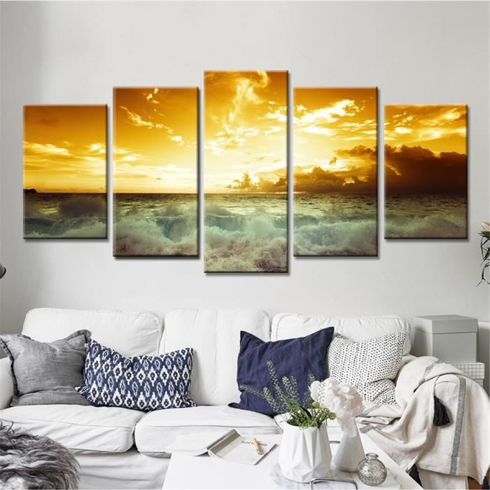 5 Panneaux Toile Imprimer Peinture Nature Coucher Du Soleil Paysage Mur Pour Salon Sans Cadre Sans étirement