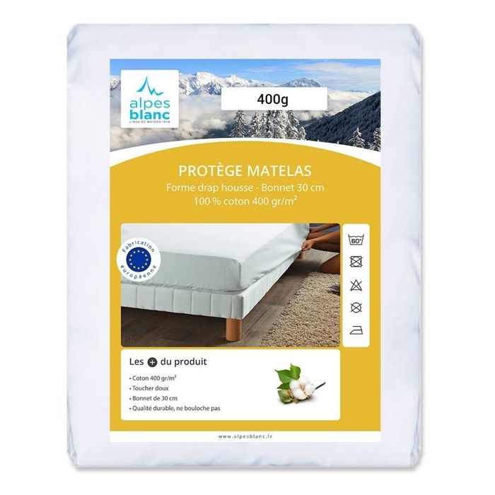ALPES BLANC  - Prot&egrave;ge matelas 100 % coton 400 g/m&sup2; 160x200 cm - Doux absorbant et durable forme drap housse bonnet 30 cm 