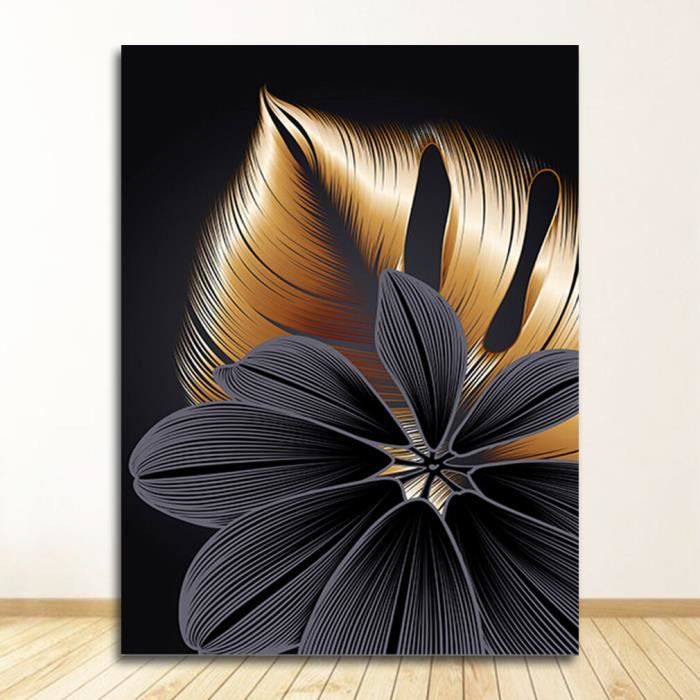 Tableau - Toile,Peinture d'art nordique décoration de salon,tableau noir de feuille de plante d'or- 9004XX01 -60x80cm No Frame