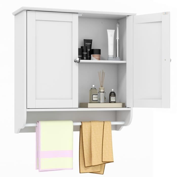 costway meuble de salle de bain armoire murale avec 2 portes étagères réglables et porte-serviettes, 60 x 21 x 61 cm, blanc