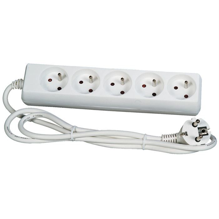 Bloc multiprises 5 Prises 2P+T et 2 USB (câble 1,5m) Blanc et