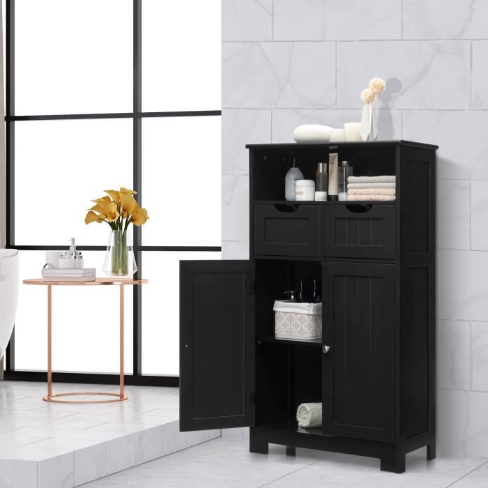 giantex meuble de salle de bain avec 2 portes et 2 tiroirs amovibles,armoire rangement pour cuisine/entre/salon,60x30x109 cm,noir
