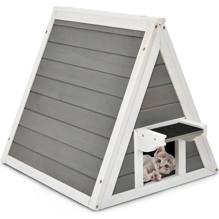 Meilleurs prix pour GOPLUS Maison Triangulaire pour Chat en Bois Massif,50 x 55 x 52CM,Cabine pour Chat,Abri pour Chat,Maison pour Animaux de Compagnie
