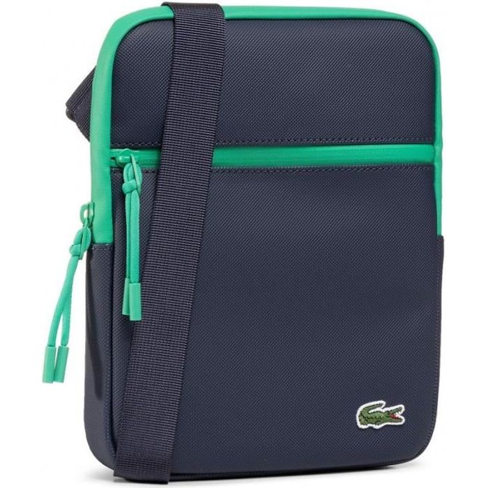 Sacoche Lacoste - Réf. NH3308LV-F57. Dimensions :20 x 26 x 3,5 cm Couleur :  Bleu marine, Vert. Détails. - Compartiment principal - Cdiscount Bagagerie  - Maroquinerie