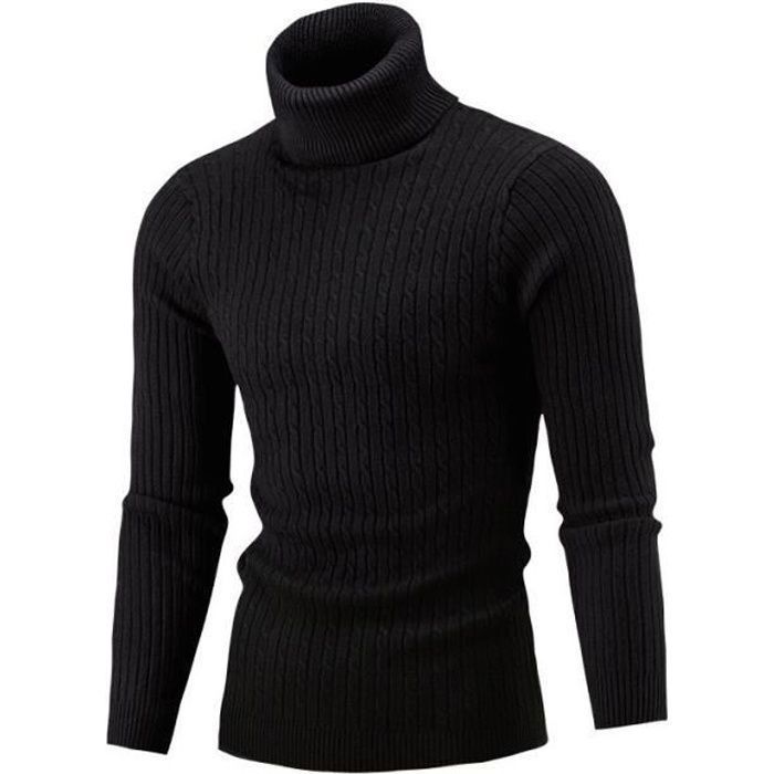 Pull col roule Homme Automne et hiver Manches longues Tricote Simple Torsion a la Mode Decontractee Noir