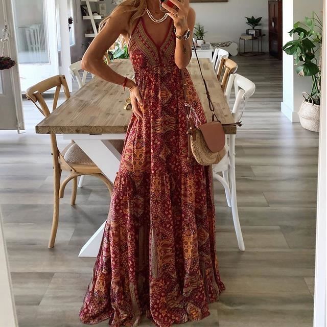 Robe Robe longue de soir e Sexy pour femmes col en V imprim