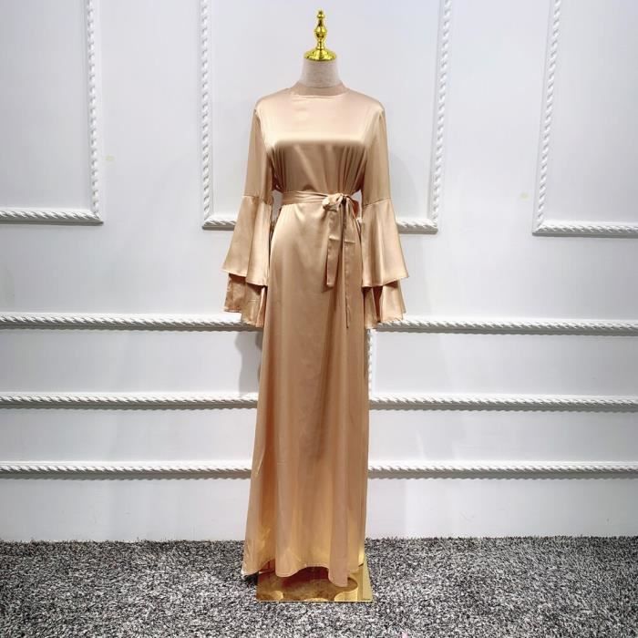 Robe longue en Satin doux dubai Abaya femmes ete manches longues evasees ceinturee Hijab Robe musulman Islam arabe turquie vetements Noir Cdiscount Pret a Porter