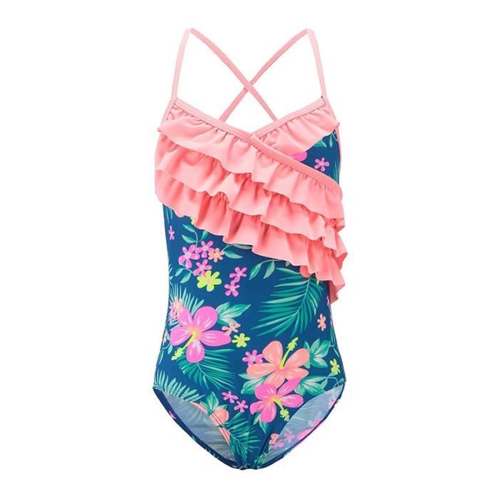 Maillot de bain 1 piece fillette décolleté V bonnet rayé marine et blanc