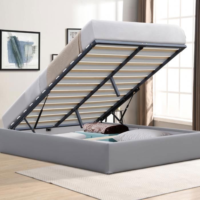 Lit Coffre LORIS 140x190 gris Sommier inclus