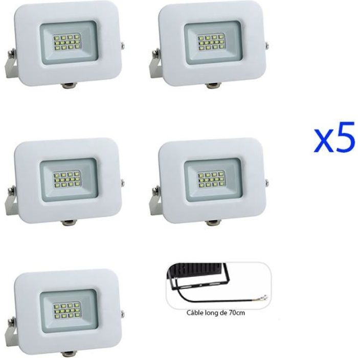 lot de 5 projecteurs led 10w (60w) blanc premium line ip65 850 lumens optonica - teinte de lumière:blanc chaud (2800k)