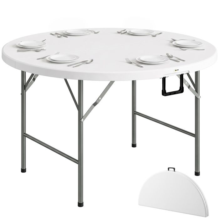Table pliante table de camping pliable table de jardin &Oslash; 122 x 73H cm poign&eacute;e acier &eacute;poxy HDPE blanc 