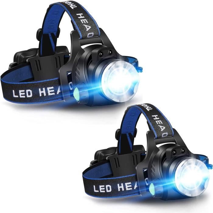 Lot De 2 Lampes Frontales LED Rechargeables 600 Lumens - Faisceau 270°, Feu Arrière Rouge, 5 Modes, étanche IPX4