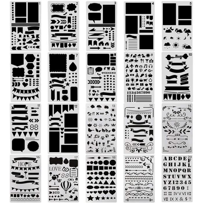 Kit 24 Pochoirs Bullet Journal & Dessin VETPW - Réutilisables En PET - Idéal Scrapbooking, Planner, DIY