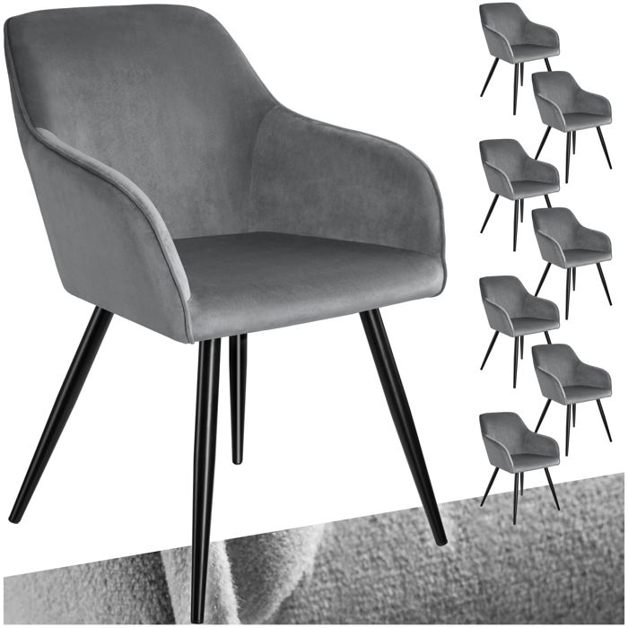 Tectake 8 Chaises MARILYN Design en Velours Style Scandinave - gris/noir