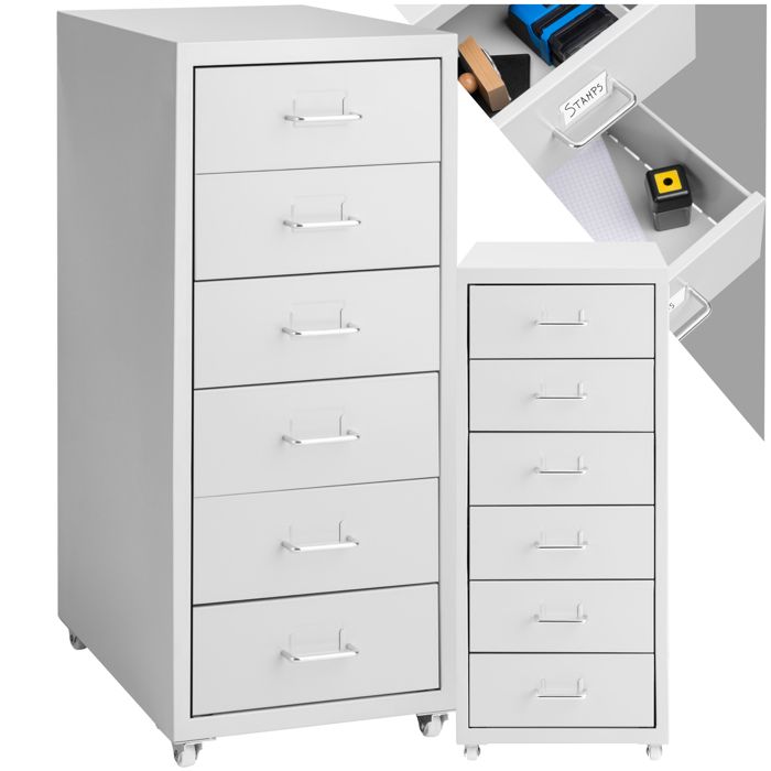 Desserte de bureau - TECTAKE - Caisson à 4 roulettes avec 6 tiroirs en acier et inserts à étiquettes 41 x 28 x 69 cm - Gris