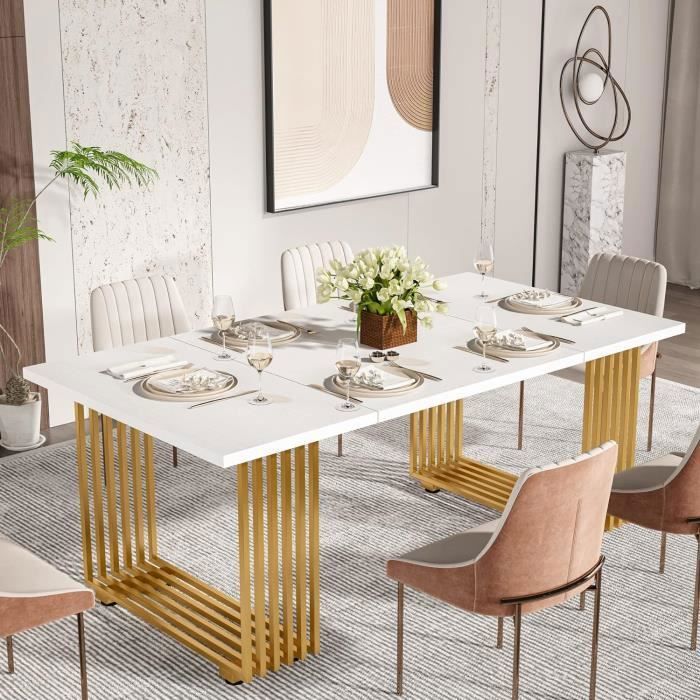 Table à manger rectangulaire - Finmind - Blanc doré - Métal - Design Contemporaine - 6 personnes - 180 x 79 x 78 cm
