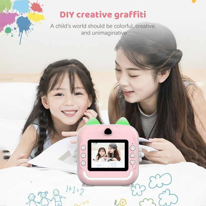 Appareil Photo Instantané Pour Enfants – Écran 2,4″ – 1080p – Caméra Avant/arrière – Impression 1s – Carte 32 Go Incluse – Rose
