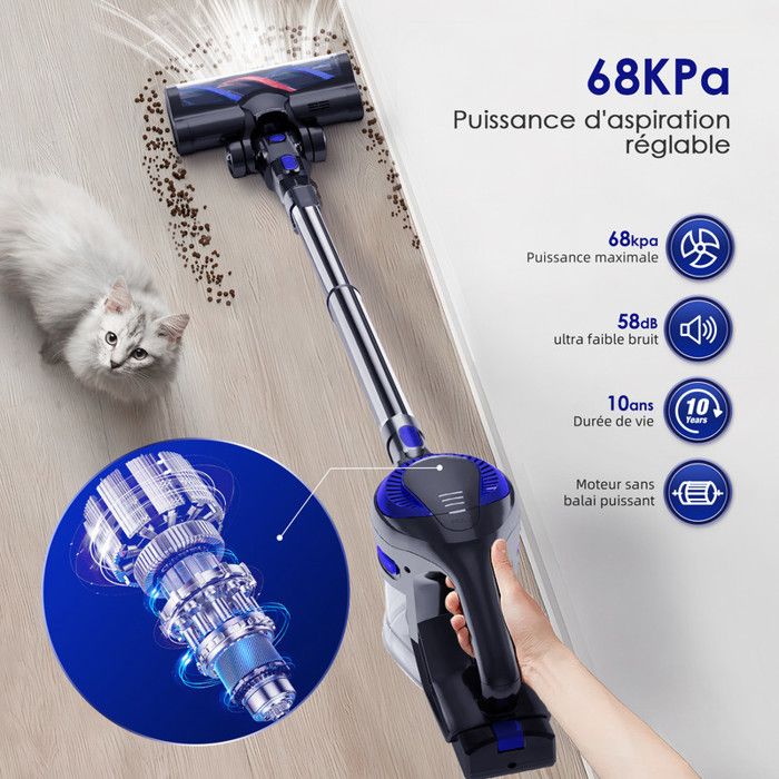 Aspirateur Balai sans Fil 62000PA/80000rpm/650w,110 min de