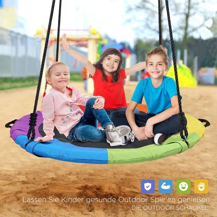 Balançoire Extérieure Ronde Colorée – Diamètre 101,6 Cm – Charge 315 Kg – Textilène Résistant – 2 Sangles Incluses – Longueur Réglable 120-180 Cm – Pour Enfants Et Adultes