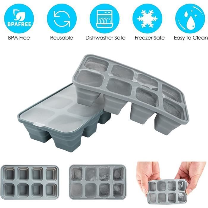 3 Pièces Bac à Glaçons Silicone Avec Couvercle - Moule Glaçons Carrés 3,5cm Empilable Sans BPA