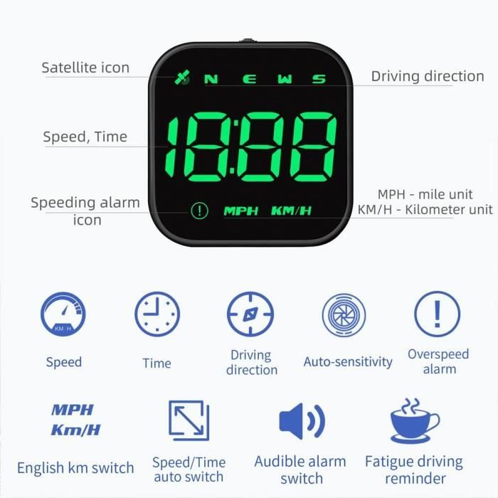 Compteur De Vitesse Numérique HUD GPS Pour Voiture - Écran 3.2" - Alarme Fatigue, Vitesse Excessive - USB