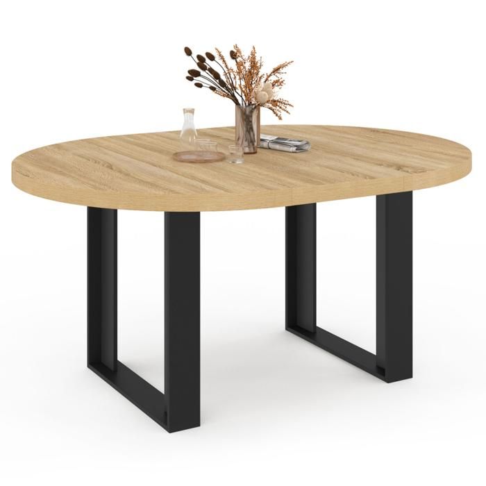 Table à Manger Ronde Extensible Dona - 110-150 Cm - Noir & Hêtre - 4-8 Pers