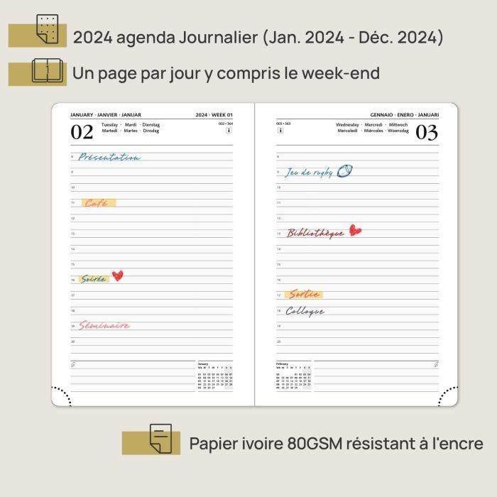 Agenda journalier 2024 une page par jour: Planificateur 1 jour 1 page,  calendrier mensuel et journalier pour 365 jours, format A5