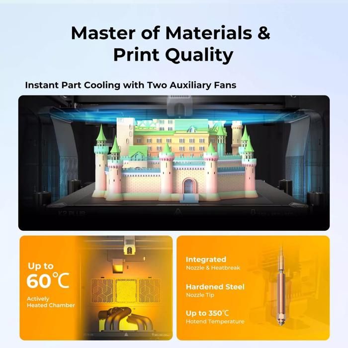 Imprimante 3D Creality K2 Plus Combo - Multicolore (jusqu’à 16 Couleurs), 600 Mm/s, Volume 350x350x350 Mm, Double Caméra IA, Chambre Chauffée