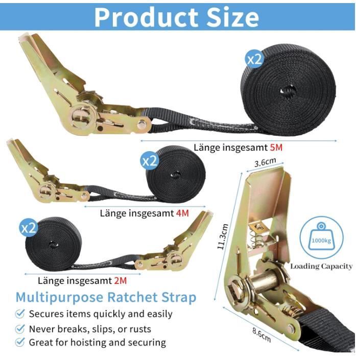 Sangle D'arrimage à Cliquet 2 M - Lot De 4 - Capacité 800 Kg - Pour Remorque, Moto, Bagages - Polyester Renforcé