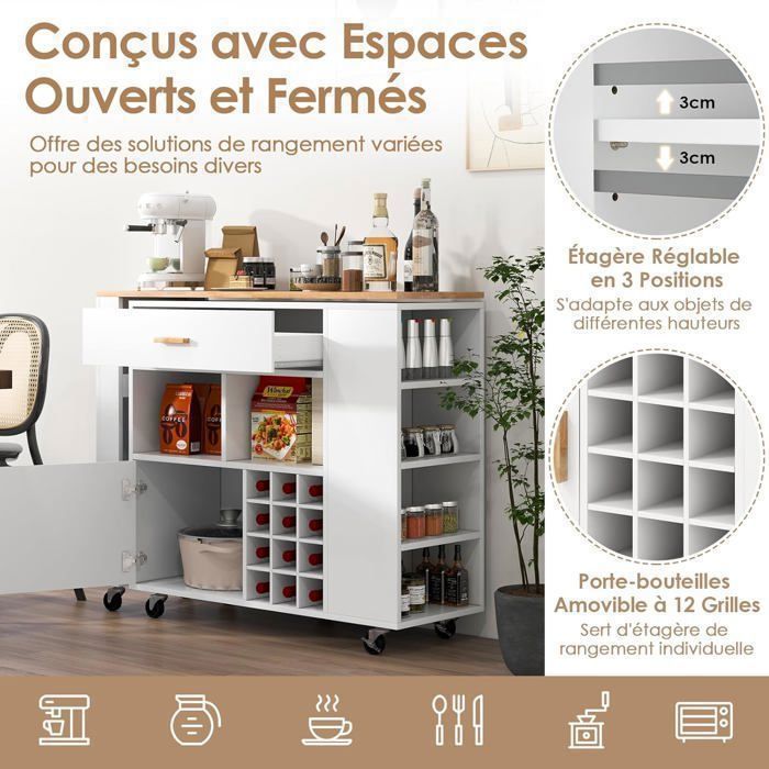 GOPLUS Desserte Cuisine à Roulettes Blanc - Chariot Bois Et Inox Avec Tiroir Et Panier 47x40x85cm