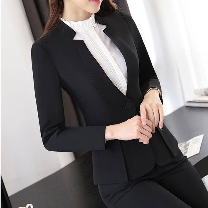 Veste Pantalon Costume Femme 2 pieces Mariage Business Smoking Simple Poitrine Suits pour Fete Confort Blazer Gris fonce BK15C