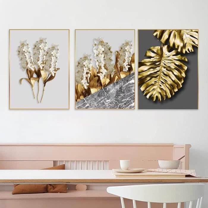 Lot 3 Posters Toile Abstrait Noir Feuille D'Or - Décoration Murale Moderne Nordique
