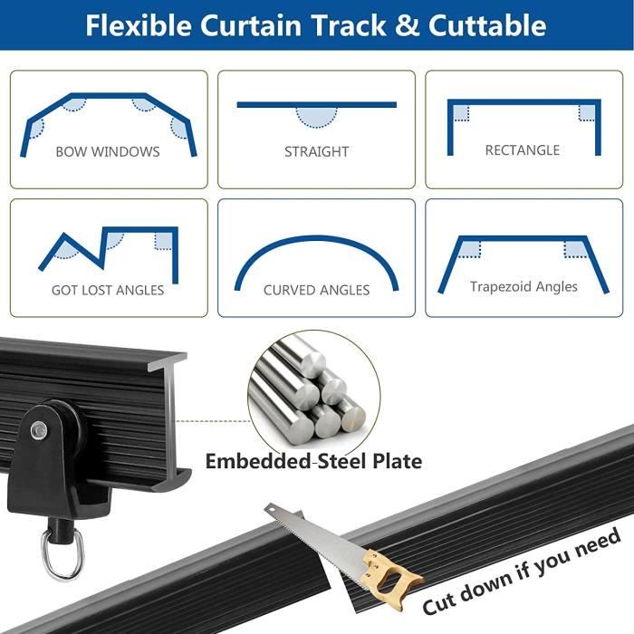 Tringle à rideau de 3 m pour baie vitrée, rail de rideau de plafond pliable, rail de rideau mural en plastique robuste pour camping-car, lit superposé Tringle à rideau de 3 m pour baie vitrée, rail de rideau de plafond pliable, rail de rideau mural en plastique robuste pour camping-car, lit superposé