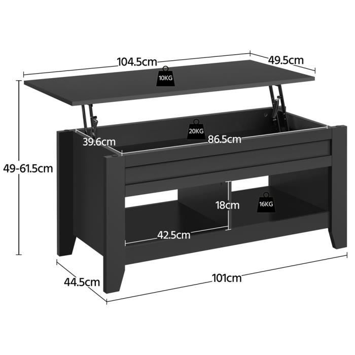 Table Basse Relevable Noir - YAHEETECH - 104 x 49 x 49 cm ...