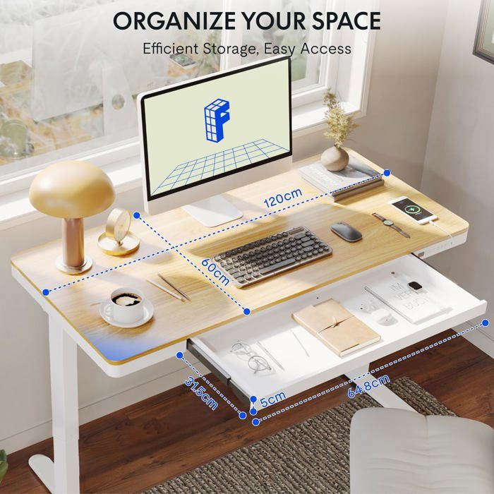 FLEXISPOT Bureau Assis Debout Électrique 120x60cm Avec Étagère - Bureau Réglable Hauteur Blanc à Roulettes