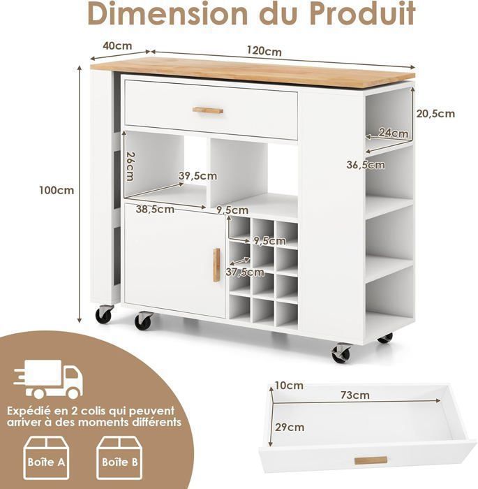 GOPLUS Desserte de Cuisine Roulant 99x46x90CM avec Etagères Ouvertes,Tiroirs et Armoire-Comptoir en Bois d'Hévéa Blanc - Maison