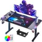 HOMDOX Bureau Gaming LED, 180 x 70 cm Grande Bureau Gamer avec Table Gaming en Fibre de Carbone, Meuble Multimedia Noir