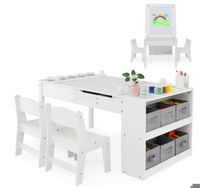 Ensemble Table Enfant avec Chaise 3 en 1 -DREAMADE -Plateau Inclinable - Boîtes de Rangement - Espace de Rangement Interne - Blanc