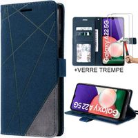 Coque pour Samsung Galaxy A22 5G Flip Case Support Bleu Marine Effet Cuir et 2 Verres Trempés
