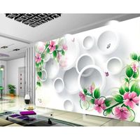 Papier Peint 3D Intissé Peinture Murale Fleur Rose Cercle Blanc Papillon Papier Peint Panoramique Tapisserie Murales Salon Chambre