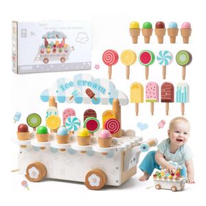 Glacier en Bois pour Enfant, Glaciere Jouet avec Stand de Glace, Menu et Argent de Poche, 3 en 1 Marchand Glace Enfant, Accessoire - Jeux - Jouets
