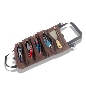 ACCROCHE-SAC Sac à outils, toile durable 5 poches zippées sac à outils en toile de couleur café portable, porte-outils en toile pour