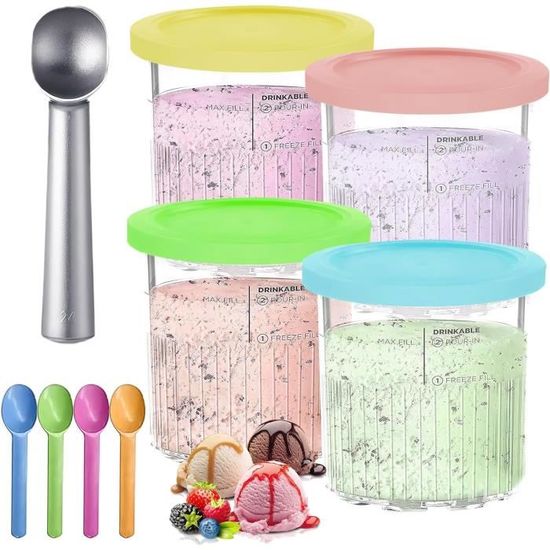Lot De 4 Pots à Glace 450 Ml Compatibles Ninja Creami NC300UK – Couvercles Colorés Gris, Rose, Bleu, Vert – Transparents, Lave-vaisselle OK