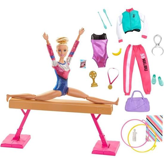 métiers coffret poupée gymnaste blonde en justaucorps avec poutre et accessoires, jouet pour enfant, gjm72