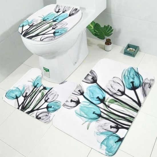 Ensemble Salle De Bain 4 Pièces - Rideau Douche 180x180 Cm + Tapis WC + Housse WC + Tapis Bain - Matériaux EVA Et Flanelle - 10