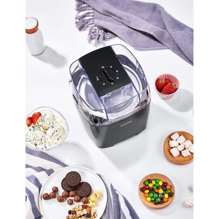 Sorbetière 1.5L avec Recettes-AICOK- Turbine à Glace Machine à Crème Glacée -Préparation en 20mn de Glace et Frozen Yoghurt