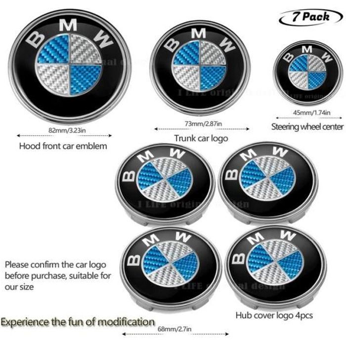 7 Pièces Fibre de carbone bleu et blanc Emblème Logo Sigle BMW Capot / Coffre 82mm /73mm/68mm/45mm Série 1/3/5/6/7/8/X/Z E30/E34/E36
